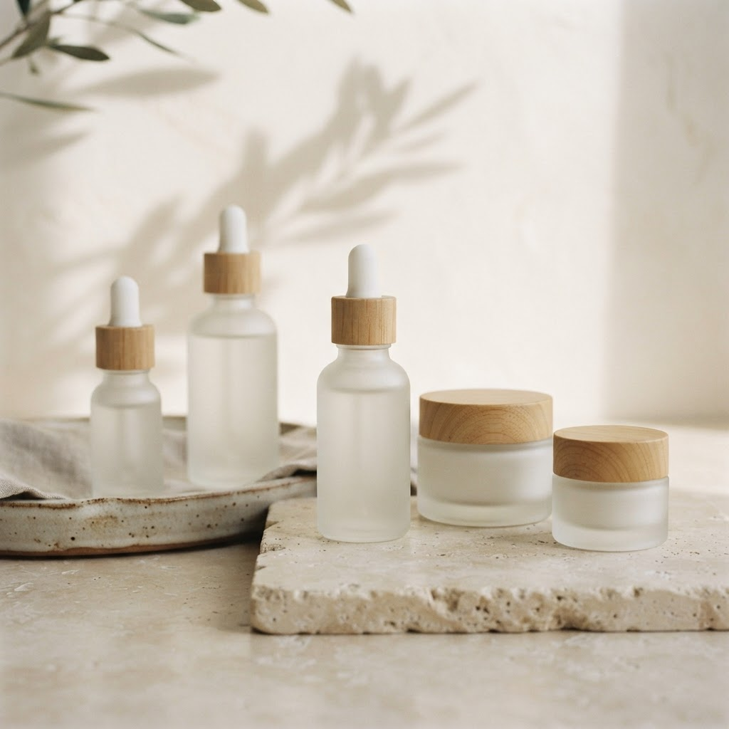 Gamme de cosmétiques naturels en flacons de verre dépoli