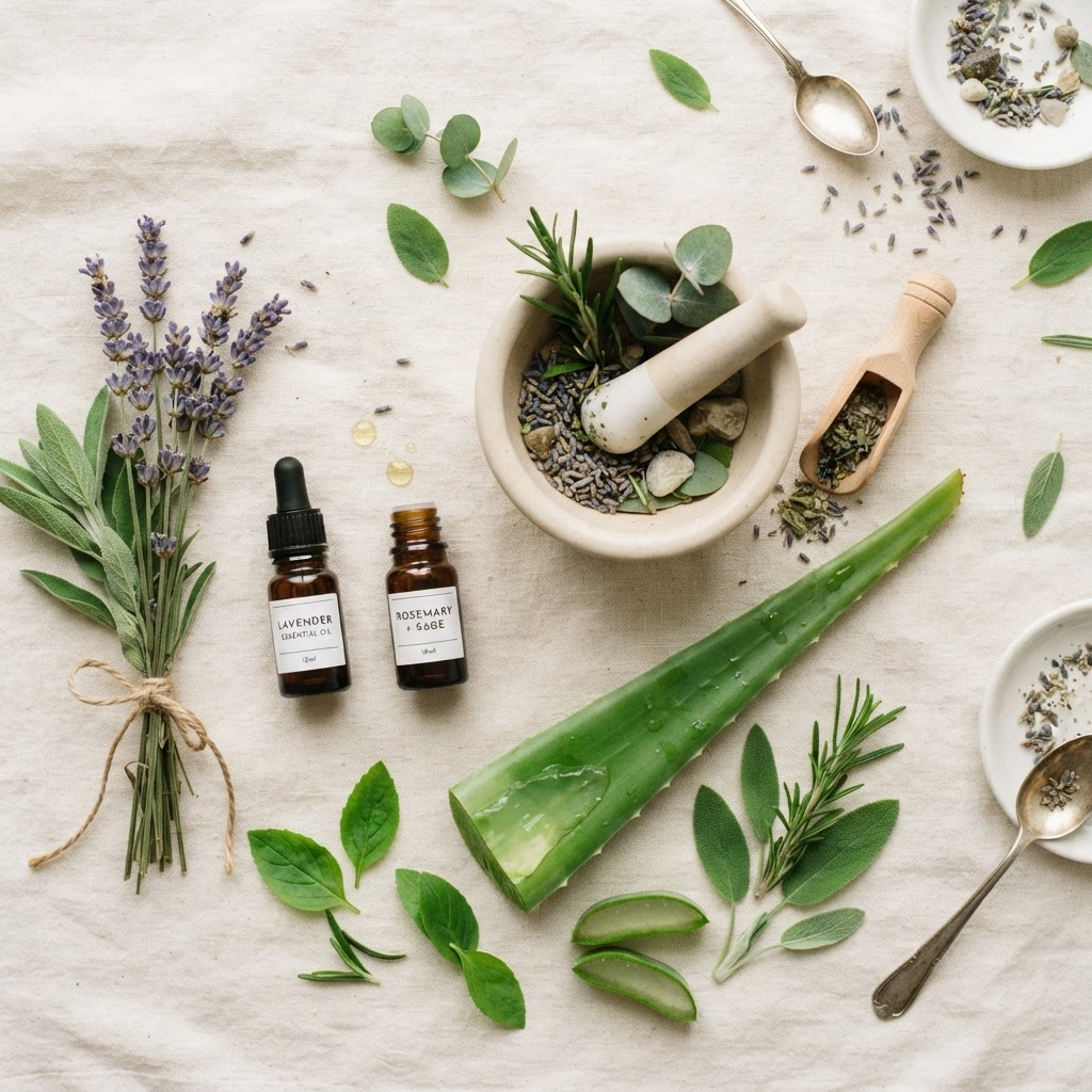 Ingrédients botaniques naturels, aloe vera et huiles essentielles