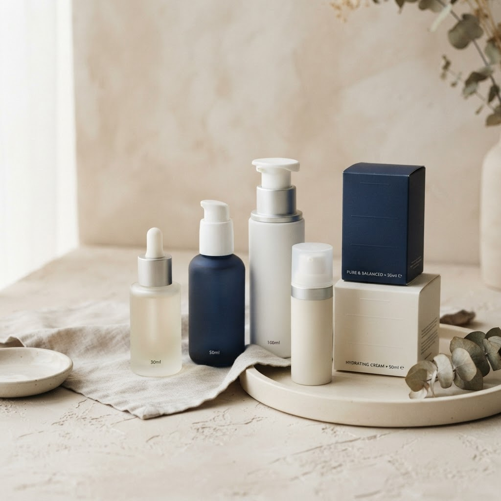 Packaging cosmétique premium bleu marine et ivoire